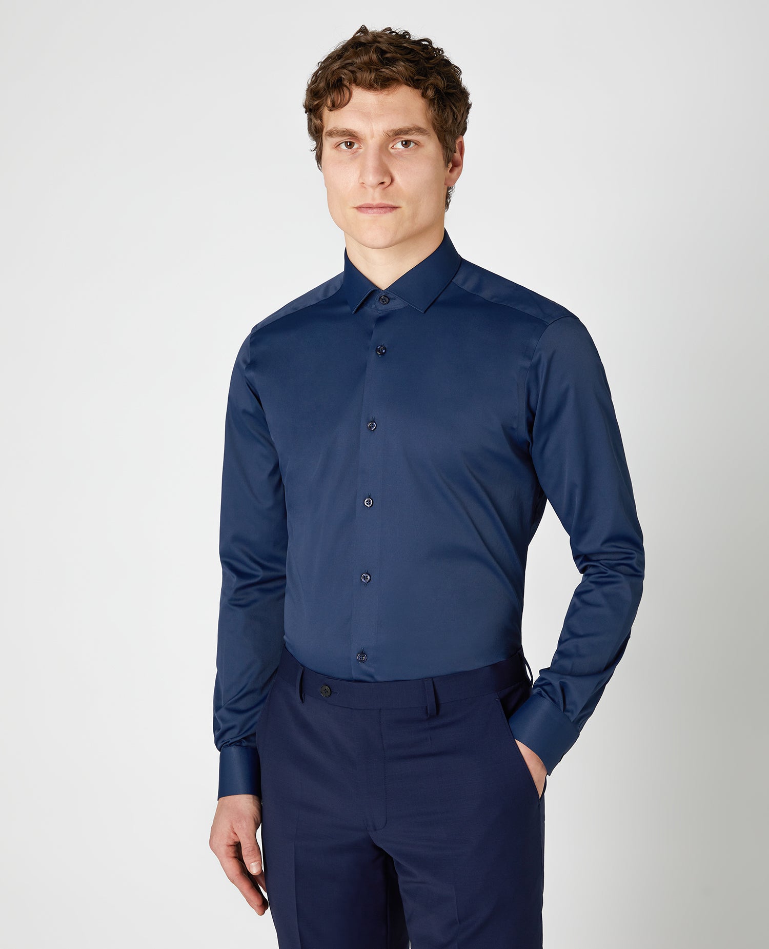 navy stretch slim fit long sleeve formal shirt