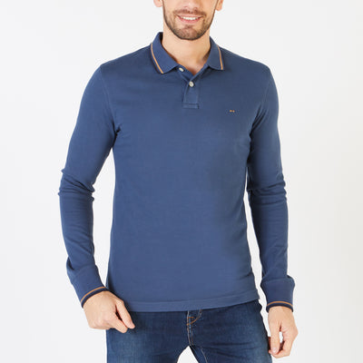 Dark blue long-sleeved polo with tripped details