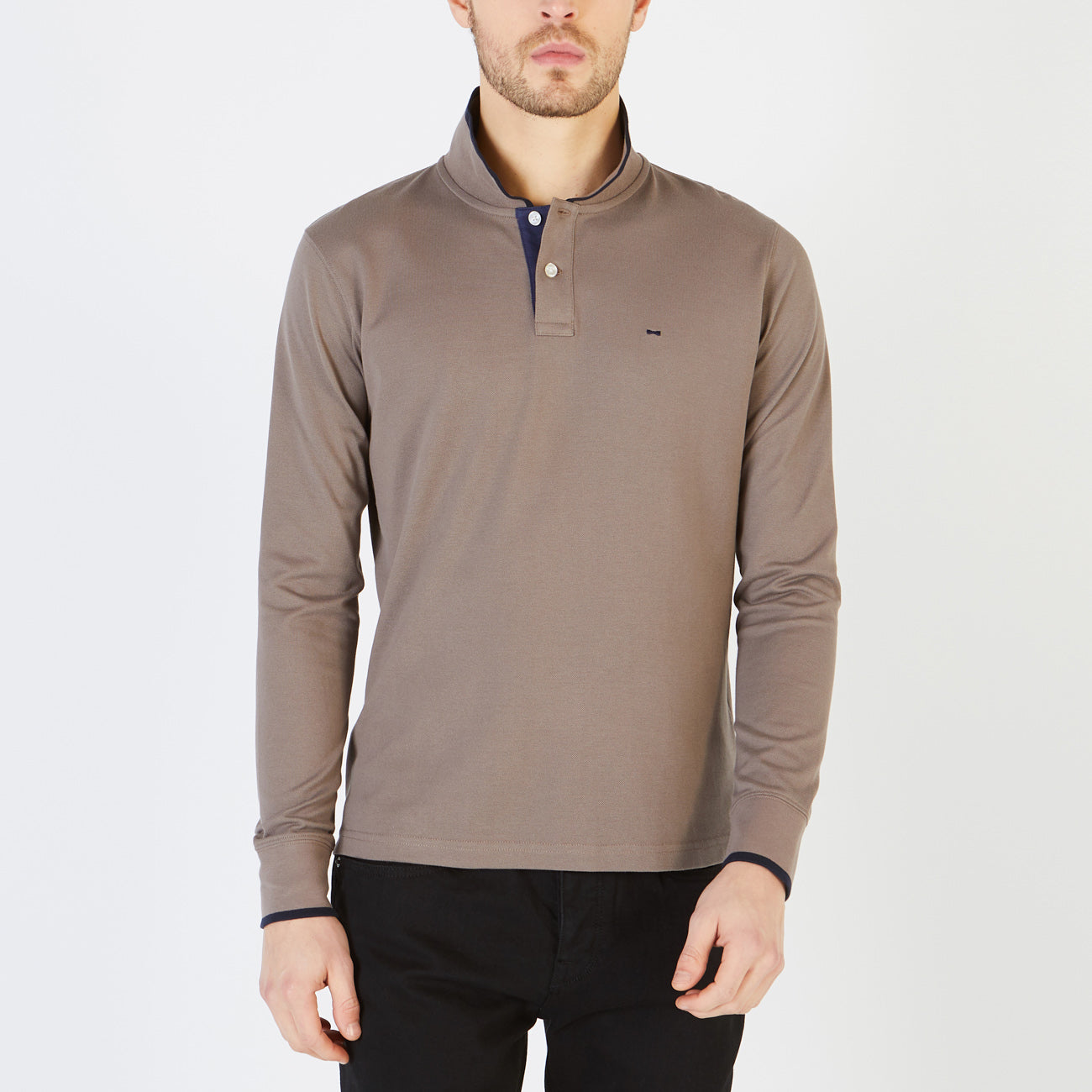 Long-sleeved polo with contrasting details Grey Tan