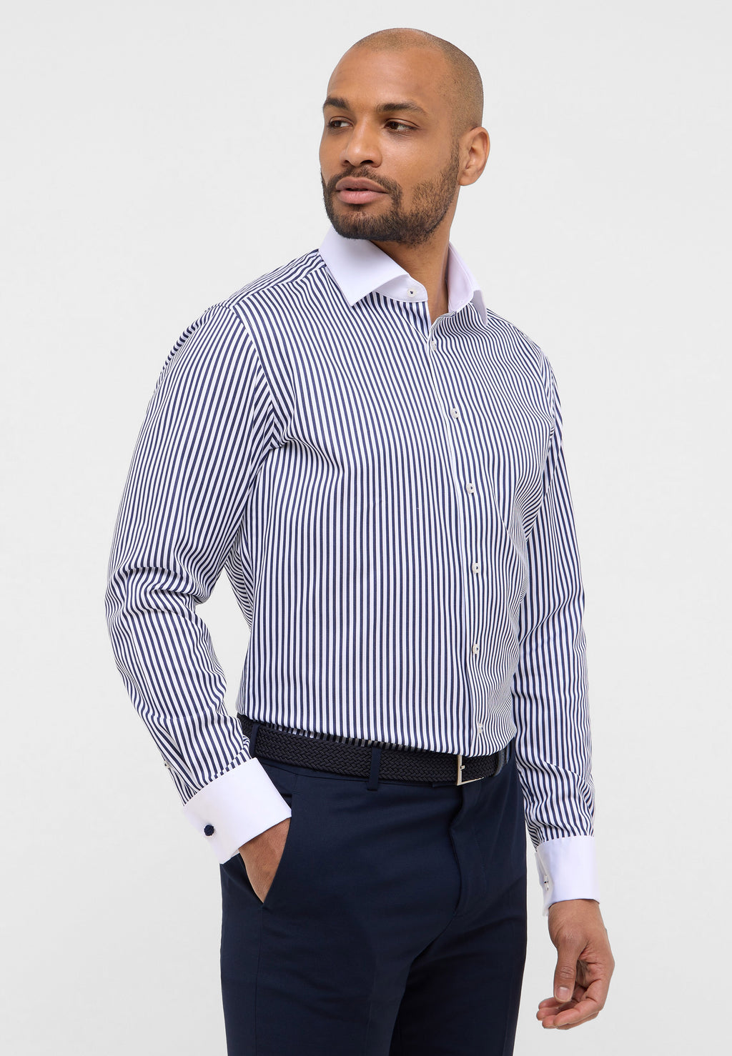 Navy Stripe Contrast Collar Shirt