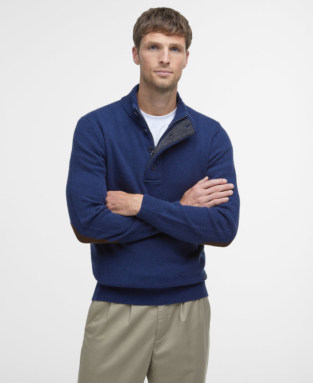 Barbour Half Zip Knitted Jumper in Blue 100% Wool MKN0585 P-11476 front view.