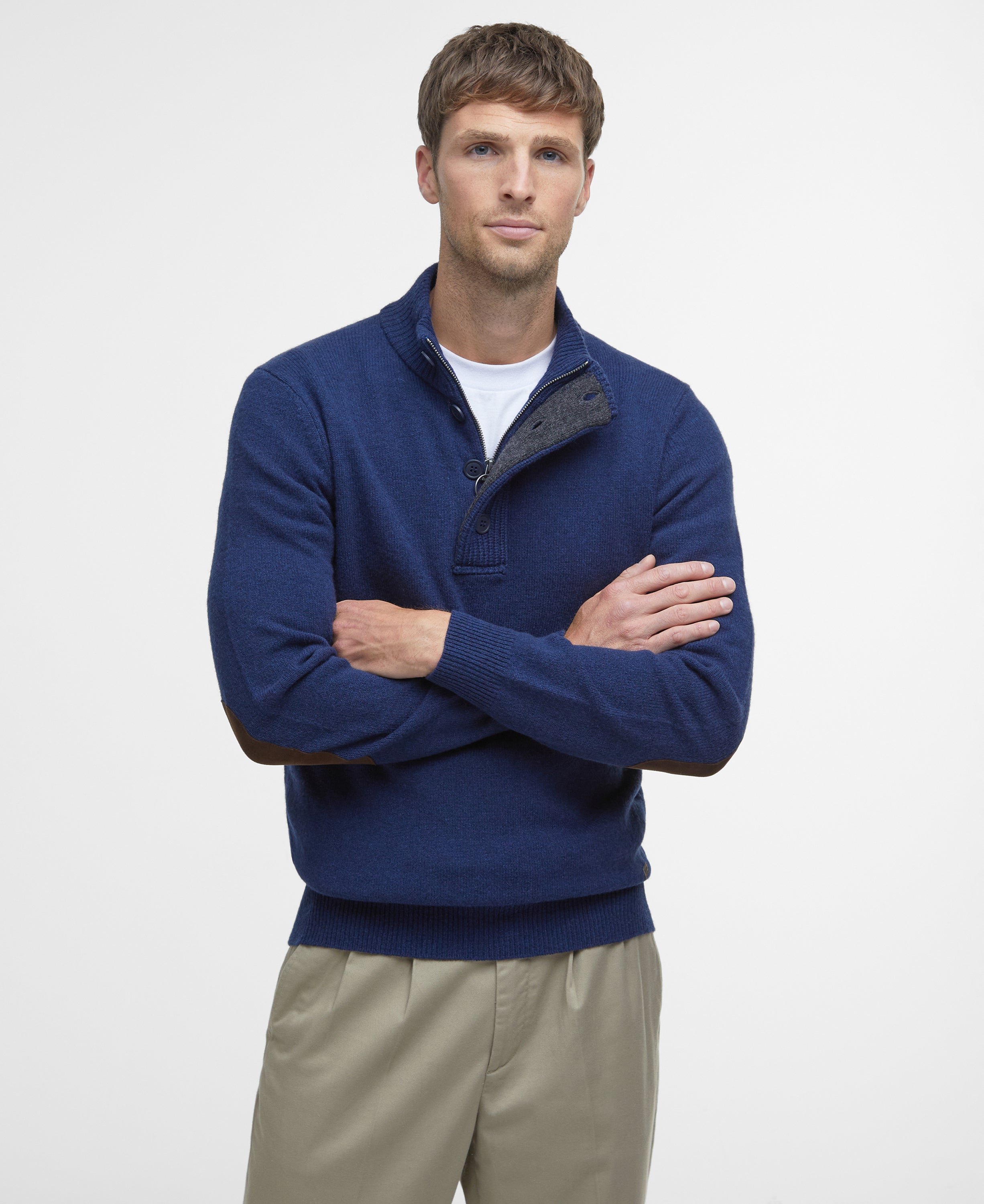 Barbour Half Zip Knitted Jumper in Blue 100% Wool MKN0585 P-11476 front view.