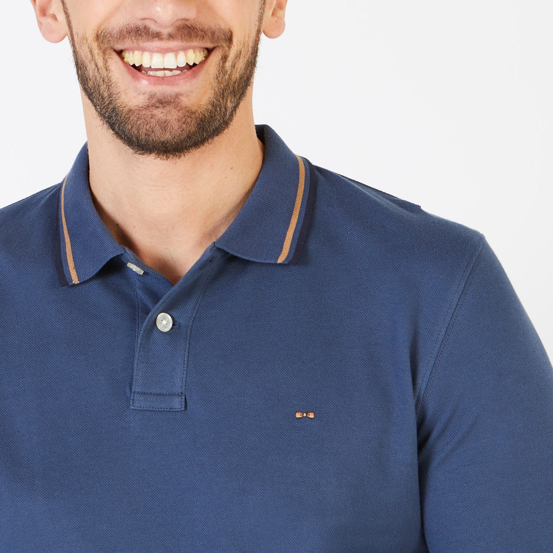 Dark blue long-sleeved polo with tripped details