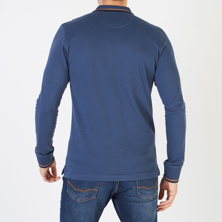 Dark blue long-sleeved polo with tripped details