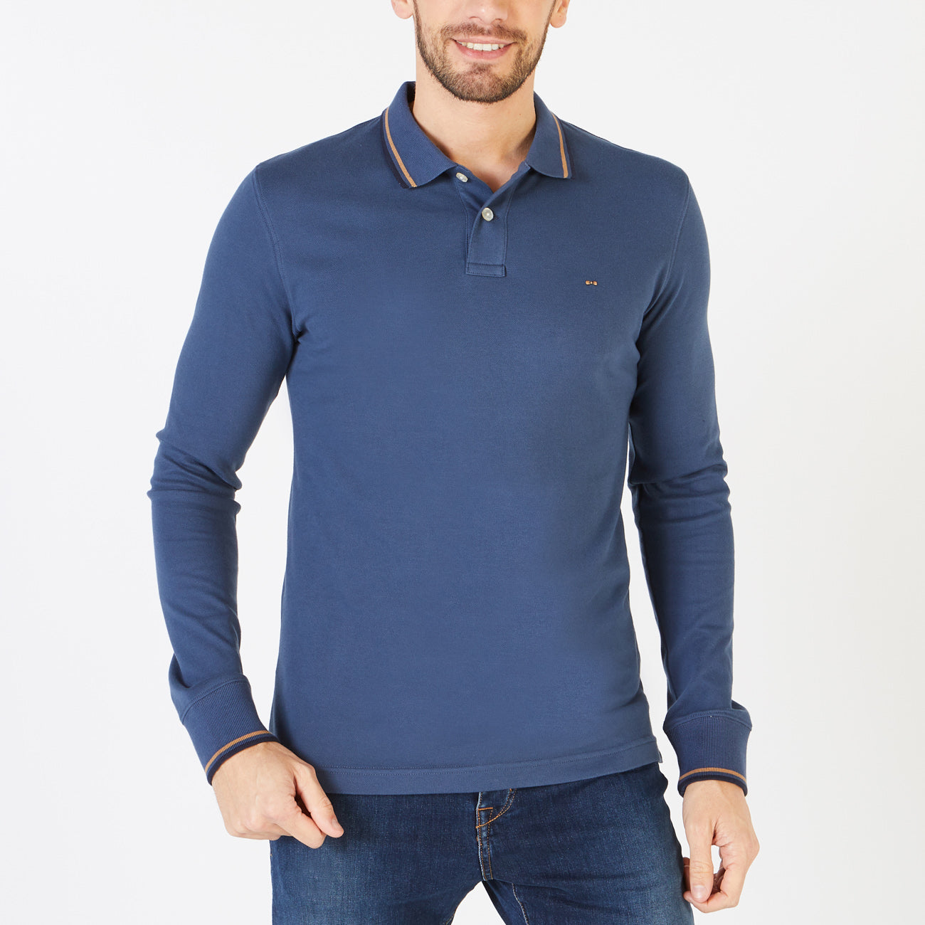 Dark blue long-sleeved polo with tripped details