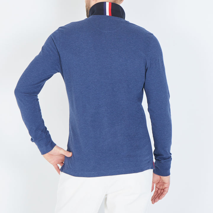 Dark blue long-sleeved polo in cotton pique