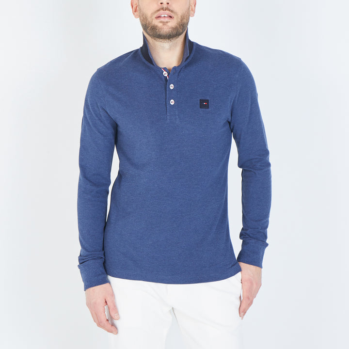 Dark blue long-sleeved polo in cotton pique