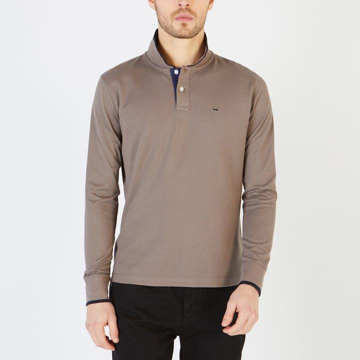 Long-sleeved polo with contrasting details Grey Tan